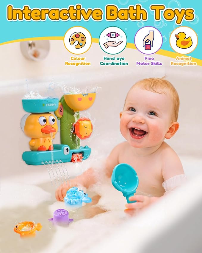 Toddler Bath Toys for Kids Ages 1-3 Waterfall Bathtub Toys for Toddlers 2-4 | with 3 Strong Suction Cups & Stacking Cups Battery-Free Duck Sensory Shower Toys for Boys Girls Gifts