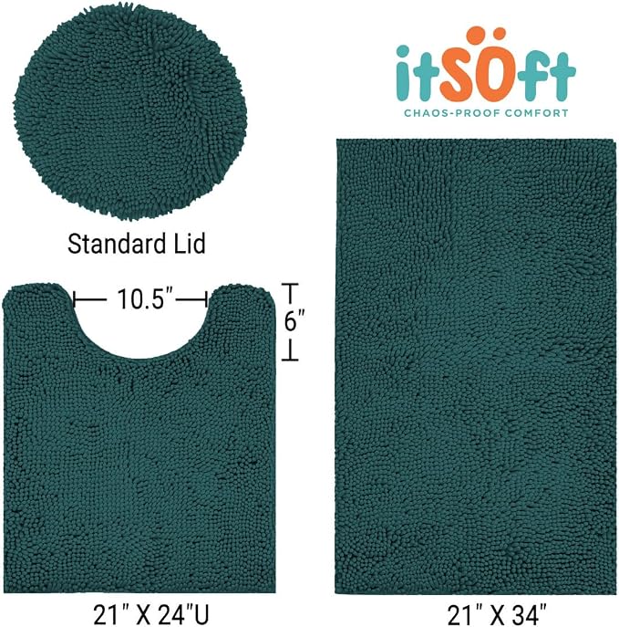 ITSOFT 3pc Non-Slip Shaggy Chenille Bathroom Mat Set, Includes 24"x21" U-Shaped Contour Toilet Rug, 34"x21" Inches Bathmat and 1 Toilet Lid Cover, Teal