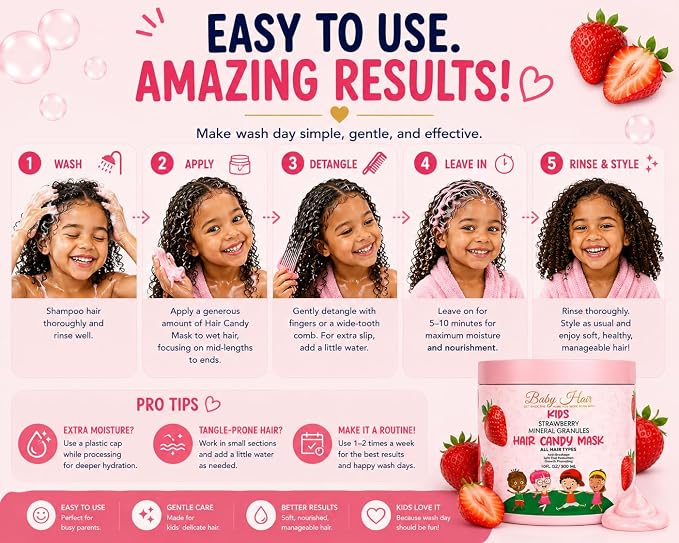 BABY HAIR Kids Strawberry Mineral Hair Candy Mask | Deep Conditioning Hair Mask for Kids | Moisturizes, Softens & Helps Detangle | Sulfate Free | 10 fl oz