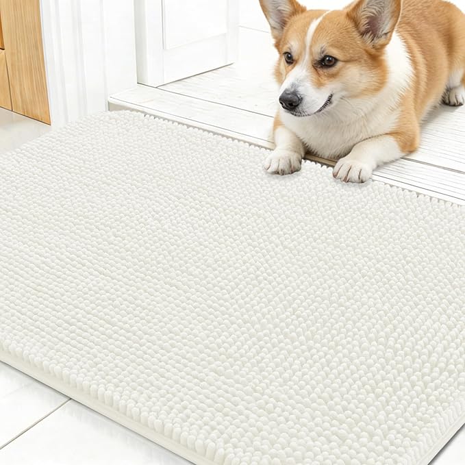 OLANLY Dog Door Mat for Muddy Paws 30x17, Absorbs Moisture and Dirt, Absorbent Non-Slip Washable Doormat, Quick Dry Chenille Mud Mat for Dogs, Entry Indoor Entryway Carpet for Inside Floor, Ivory