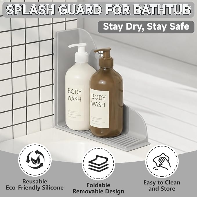 Dreamtop No-Adhesive Silicone Shower Splash Guard - 2 Packs Reusable Shower Corner Water Guard with Strong Suction Cups, Shower Water Blocker for Bathtub Bathroom to Keep Water in Shower (Gray)