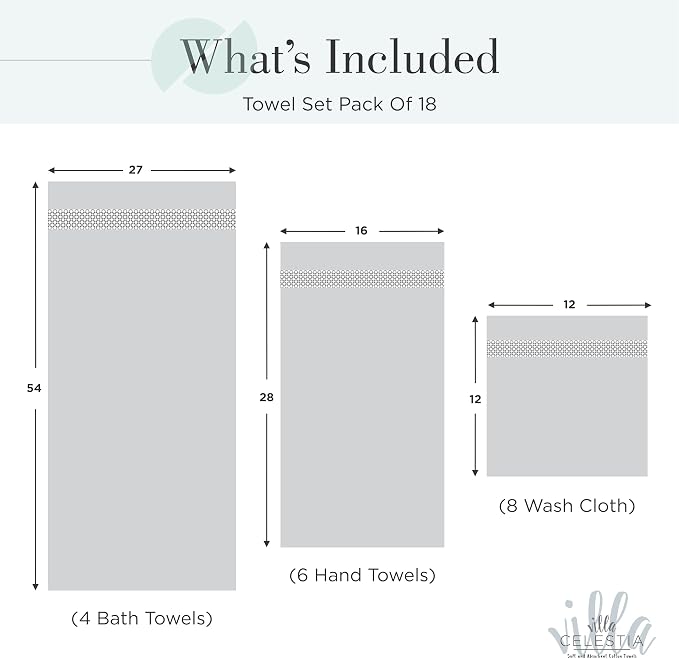 Villa Celestia 100% Cotton Bath Towel Set of 18-4 Bath Towels, 6 Hand Towels, 8 Wash Cloths, Sustainable, Soft, Highly Absorbent, Combed Cotton 18 Piece Set for Hotels, Spa, Bathroom, Dorm, Teal