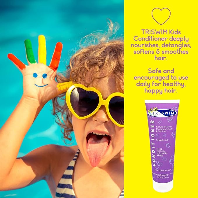 TRISWIM Kids Swim Conditioner 8.5oz | Strengthens, Moisturizes & Detangles | Leaves Hair Hydrated, Shiny & Smooth | Lightweight Formula for Everyday Use | Sunkissed Pineapple + Mango Scent