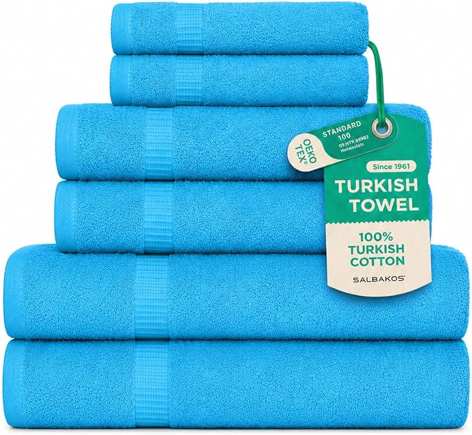SALBAKOS 100% Turkish Cotton 6-Piece Towel Set | Heirloom Quality Hotel & Spa Collection | Soft, Super Absorbent 2 Washcloth, 2 Hand, 2 Bath Towel Sets | Made in Turkey (Aqua, 6 Piece Towel Set)