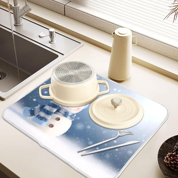 Cute Snowman Blue Dish Drying Mat, Absorbent Drainer Mats for Kitchen Counter Coffee Maker 18"x16"