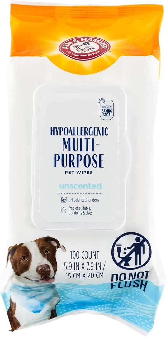 Arm and Hammer for Pets Hypoallergenic Wipes for Dogs, Unscented - Odor Eliminating Waterless Cleaning Wipes with Baking Soda, Gentle on Sensitive Skin, Dogs, 100 Count