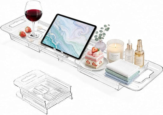 Expandable Bathtub Tray Caddy, Clear Bath Tray for Tub for Bath Relaxing, Foldable Bath Table Trays, Bathtub & Bathroom Accessories for Women Gift, Anniversary or Wedding Gifts, New Home