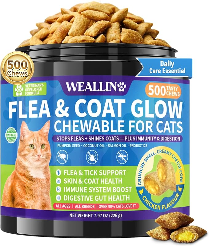 Flea and Tick Prevention for Cats - 500 Crunchy & Creamy Chews, Cat Flea Treatment with Skin & Coat Support, Oral Natural Flea Chewables for Gut & Immunity Support for All Breeds & Ages Chicken Flavor