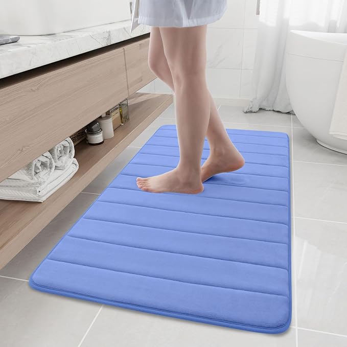 Buganda Memory Foam Bath Mat, 47" x 24", Ultra Soft Bathroom Rugs, Water Absorbent and Machine Washable Bath Rug Runner for Bathroom, Shower, and Tub, Cornflower Blue