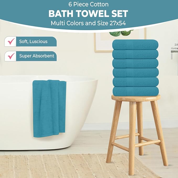 KAHAF COLLECTION 6 Pack Bath Towels Set (27 x 54 Inches) 100% Ring Spun Cotton, Lightweight, Quick Dry, Highly Absorbent Towels (Teal, (27x54) Inches)