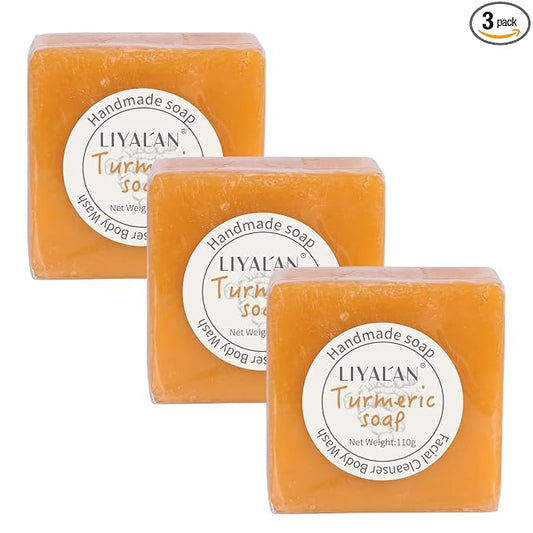 LIYALAN Turmeric Soap Bar 3.88 oz each Bar for Face and Body evens out skin tone,Smooth Skin,Cleansing Handmade Soap contains 3 bars with a fresh ginger and lemongrass scent