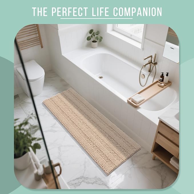 Yimobra Chenille Bathroom Runner Rug 60 x 24, Ideal for Tub-Side and Narrow Bathroom Walkways, Non-Slip Super Absorbent Quick Dry, Ultra Plush Machine Washable Bath Runner, Beige