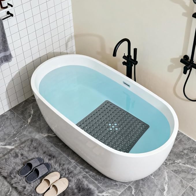 Anti-Slip Bathtub Shower mat, 21×21（ 53×53cm） inch Soft Oversized Machine Washable Non-Slip Bathtub mat with Drainage Holes, Bathroom Floor Suction Cup.（1-Opaque Black）