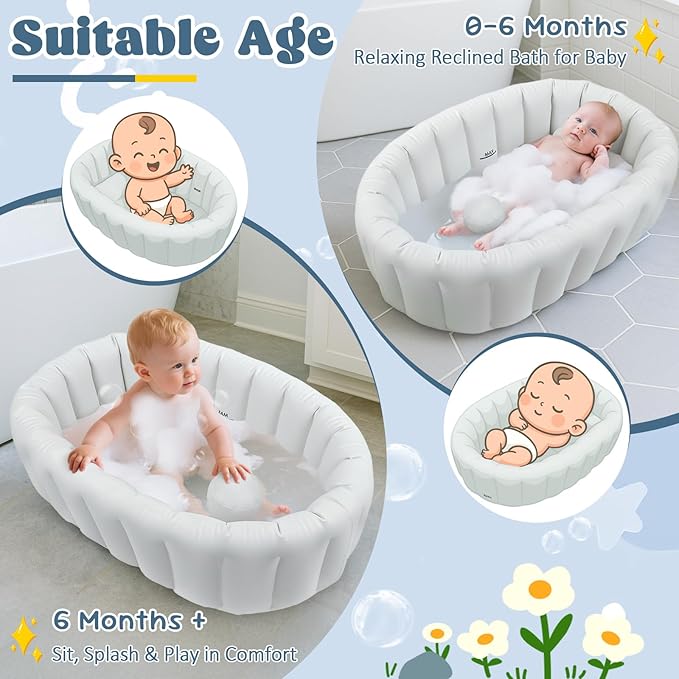 Inflatable Baby Bathtub, Collapsible Baby Bath Back Support, Portable Newborn Travel Bath tub with Drain Hole, Foldable Baby Bath Tubs for Infant to Toddler 0-24 Months (Grey)