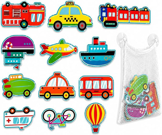 Foam Bath Toys for Toddlers 1-3 - Mold Free Bathtub Stickers with Storage Bag, Educational Car Bath Toys for Kids Ages 3-5, Safe Floating Water Play Set for Baby Boys Girls
