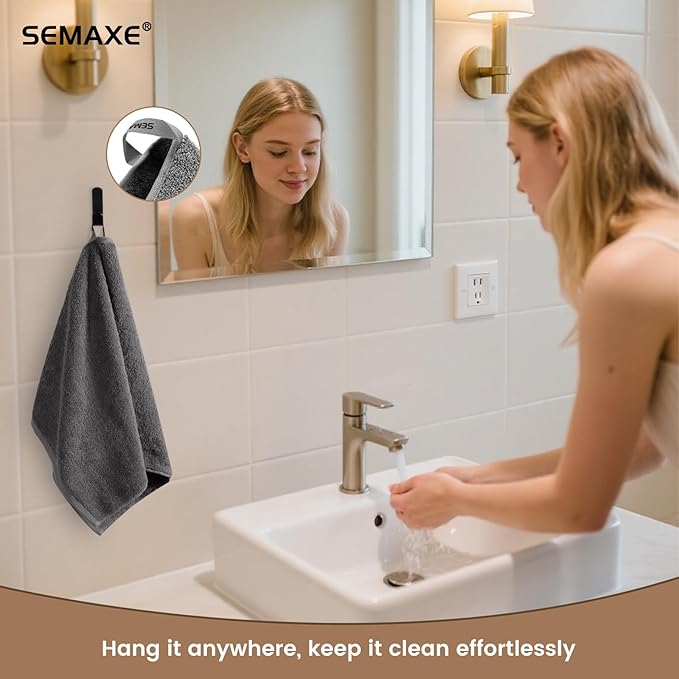 SEMAXE 4-Pack Gray Cotton Hand Towels for Bathroom with Hanging Loops | Sink-side towels for drying hands and face, ideal for bathrooms, guest baths, powder rooms, OEKO-TEX certified, easy care
