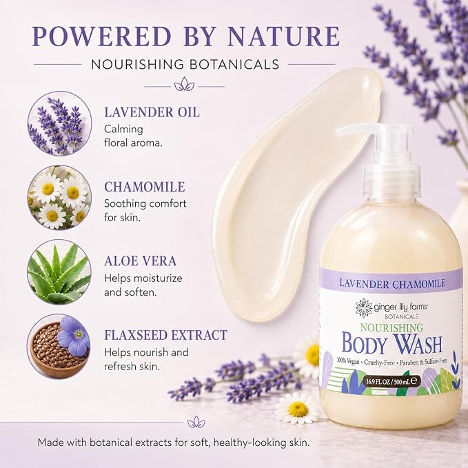 Ginger Lily Farms Botanicals Nourishing Body Wash, 100% Vegan & Cruelty-Free, Lavender Chamomile Scent, 16.9 Fl Oz (Pack of 6)
