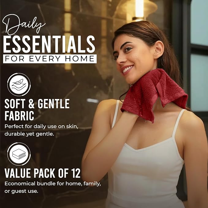 RIVERSIDE 12-Pack Premium 100% Cotton Red Face Towels for Bathroom [12x12] - Reusable Luxury Face Wash Cloths for Showering - 550 GSM Super Soft & Absorbent Washcloths for Body, Spa & Gym