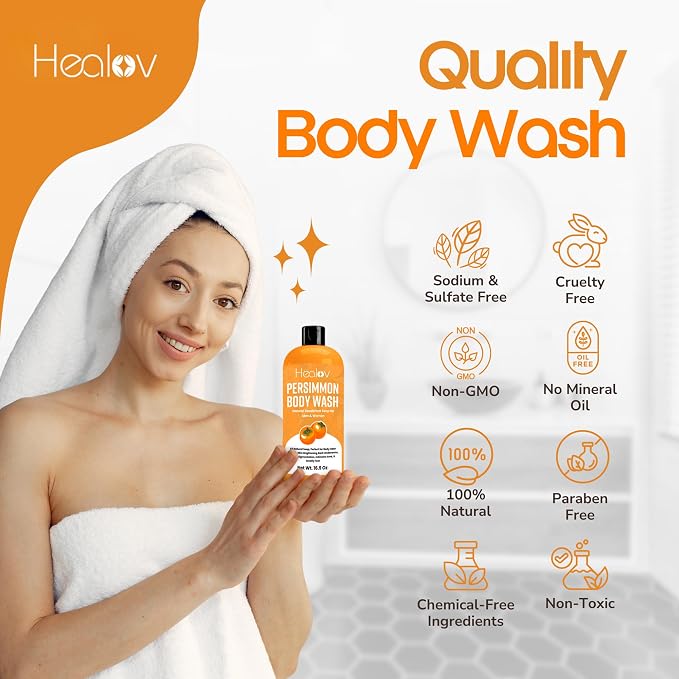 Healov Persimmon Body Wash for Body Odor Control – Natural Deodorant Soap for Eliminating Odor – Underarms, Intimate Inner Thigh, Bikini Area, Smelly Feet – Purifying Deodorizing Soap, Kids Safe