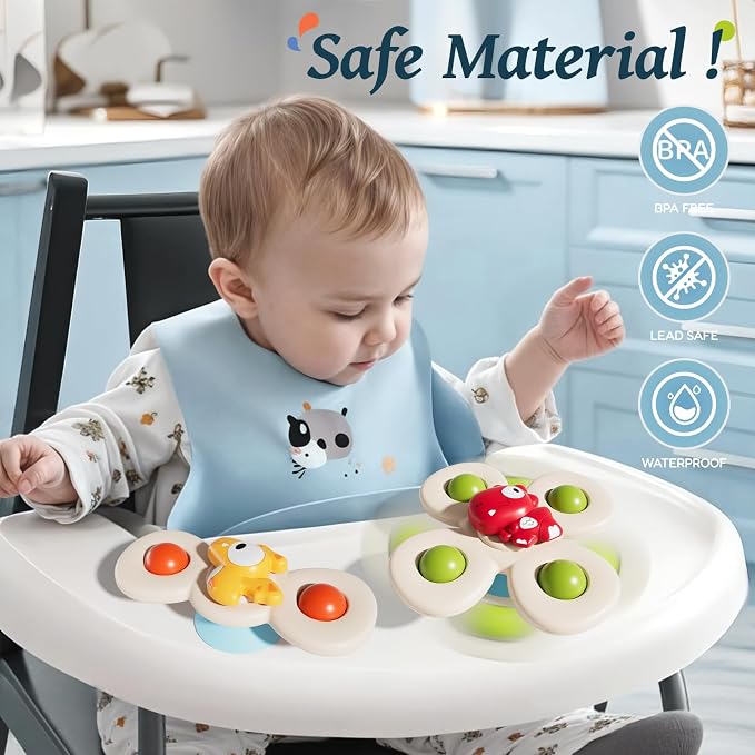 Baby Dinosaur Suction Cup Spinner Travel Toys for Kids Ages 1-3, Fidget Spinner Toys for 1 Year Old Boy Girl 12 Months, Sensory Bath Toy for Toddlers Infants Birthday Gifts