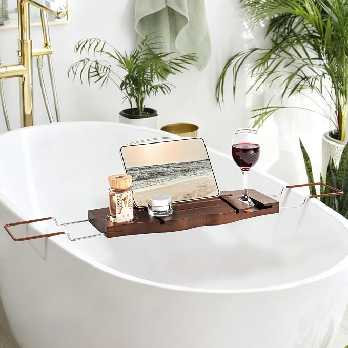 Dream Dark Walnut Teak Expandable Bathtub Caddy Tray | Dark walnut stained teak, expandable, gift-ready, wine book storage for deep tubs