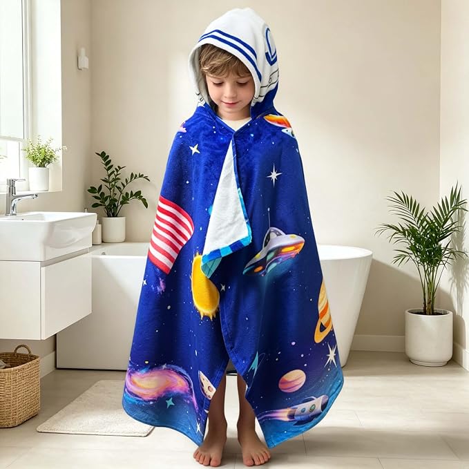 VOOVA & MOVAS Kids Hooded Towels Age 3-8, 30''X50,Soft | Thick | Absorbent Cotton Beach, Bath, Pool Towel | Wrap, Oversized for Boys Girls | Space Theme