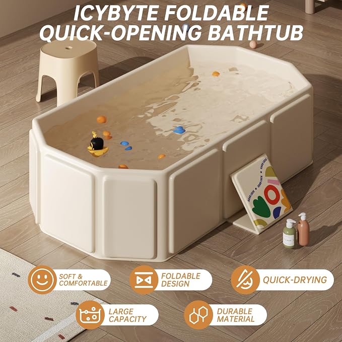 Foldable Kids Bathtub, Portable Baby Bathtub for Newborns to Toddlers, Collapsible Toddler Bath Tub for Shower & Travel, Infant Bath Tub with Non-Slip Base, Space Saving, White