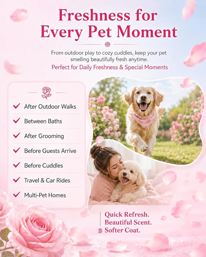 Pet Cologne for Dogs & Cats, Soft Rose Deodorizing Spray, Long-Lasting Fresh Scent, Non-Sticky Coat Conditioning & Odor Control Formula | Travel-Friendly, 3.38 fl oz