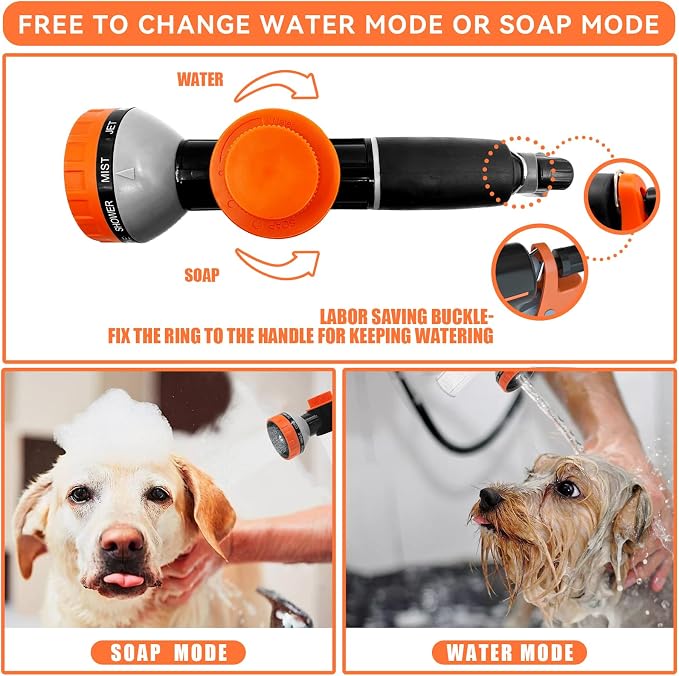 Dog Shower Attachment with Soap Dispenser, Upgraded Dog Washing Hose Attachment for Pet Bathing, High Pressure Foam Sprayer with 10 Spray Modes and Grooming Brush