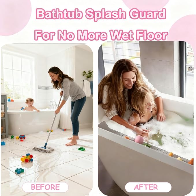 Longer Bath Tub Splash Guard for Kids,Silicone Bath Toy Holder for Bathtub,Prevent Water Spills in Bathroom,Fun-Filled Bath Time for Toddlers Including Bath Brush and Toy Storage Bag (Grey)