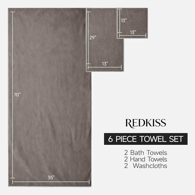 REDKISS Pack of 6 Towel Set - 2 Extra Large Bath, 2 Hand, 2 Washcloths, Ultra Soft & Highly Absorbent, Quicker to Dry, Brown Towels for Bathroom, Spa, Hotel, Gym