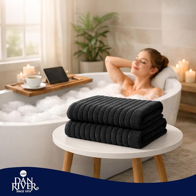 DAN RIVER Pack of 2 Bath Sheet 35x70 Inches, Ribbed Oversized Black Bath Towels, Fluffy and Thick Extra Large Bath Sheets