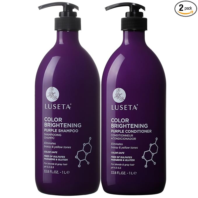 L LUSETA Color Brightening Purple Shampoo and Conditioner Set for Blonde and Gray Hair, Infused with Cocos Nucifera Oil to Help Nourish, Moisturize and Condition Hair, 2x33.8oz