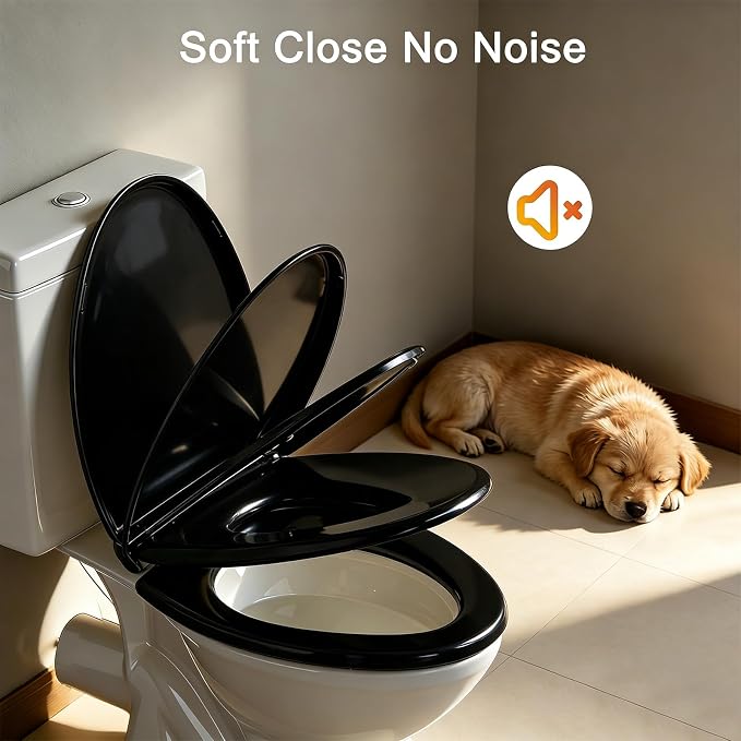 Black Toilet Seat Elongated, 18.5 x 14.2 Inch, Slow Close, Bottom-Mount Design, Fits 2-Piece Toilets, Durable & Easy to Install, PP Material Safe and Durable