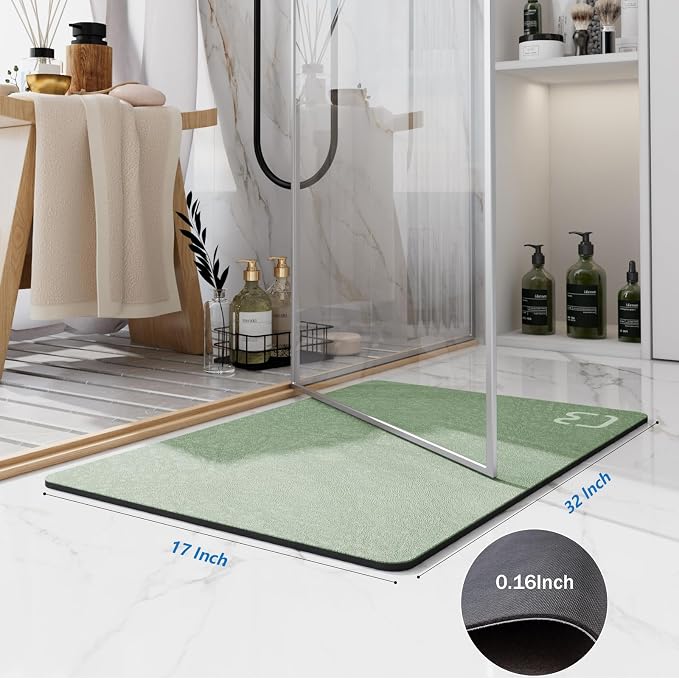 Diatomaceous Earth Bath Mat Rugs Quick Dry Super Absorbent Non Slip Rubber BottomThin Bathroom Mat Fit Under Door, Floor Rugs in Front of Bathtub,Shower Room,Sink,Washable, 17" x 32", Sage Green
