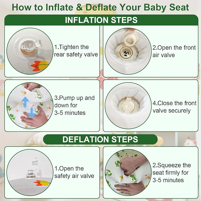 Inflatable Baby Seat for Babies 3-36 Months, Baby Chair with Fence & Built in Air Pump, Blow Up Floor Seat with Back Support, Inflatable Infant Chair Sit Me Up for Home, Travel Green Dinosaur