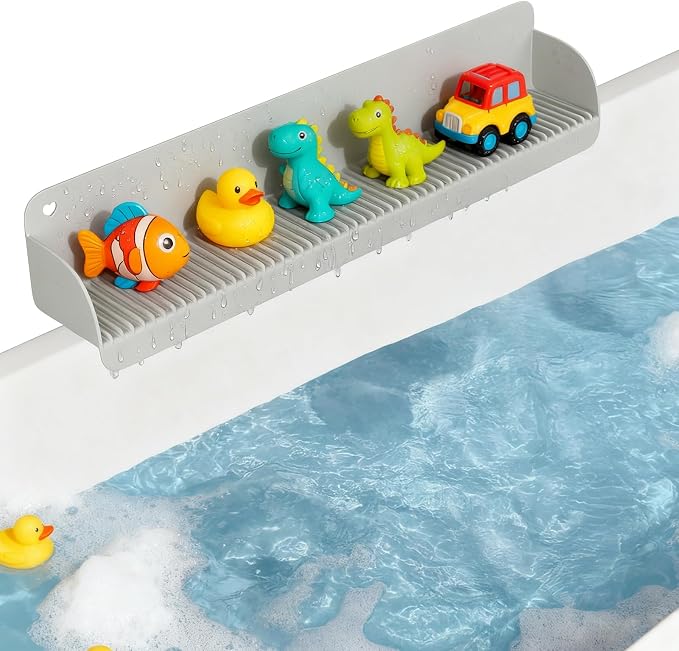 Silicone 24 Inch Bathtub Splash Guard, Grey | Bath Tub Tray with 10 Strong Suction Cups, athtub Shelf Toy Holder, Prevent Water Spills in Bathroom, Easy Clean & Fold