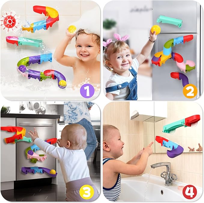 Fajiabao Bath Toys for Kids Ages 1-3 Fun DIY Bathtub Toys for Toddlers 2-4 | with Big Floating Balls Modular Track Easy-Assemble Slide for 1+ Year Old Boys Girls Gifts with Strong Suction Cups