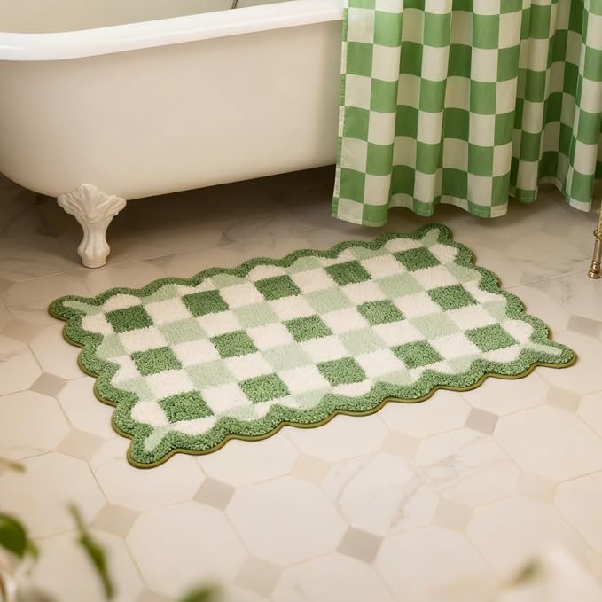 ORTIGIA Cute Green Checkered Scalloped Bath Mat, Fun Plush Microfiber Bathroom Rugs Non Slip Washable Quick Dry Absorbent, Bath Rug Carpet for Shower Stall Vanities Kitchen Floor Entrance, 20x32