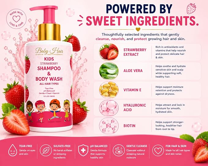 BABY HAIR - Strawberry Mineral Kids Shampoo/Body Wash, Sulfate-Free Tearless Shampoo and Body Wash, Shampoo For Kids with Strawberry Oil, Camellia Oil, and Biotin, No Tears Shampoo, 10 fl.oz.