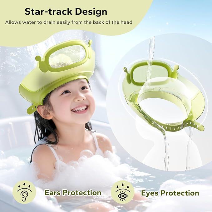 FUNUPUP Baby Shower Cap Toddler Hair Washing Shield Adjustable Bath Visor for Kids Shampoo Hat with Eyes Ears Cover 1-15 Years Boys Girls Essentials for Bath Time, Green