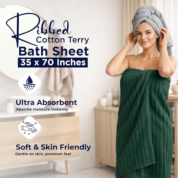 DAN RIVER Pack of 2 Bath Sheet 35x70 Inches, Ribbed Oversized Bath Towels Extra Large, Organic Cotton Towels for Bathroom - Hunter Green