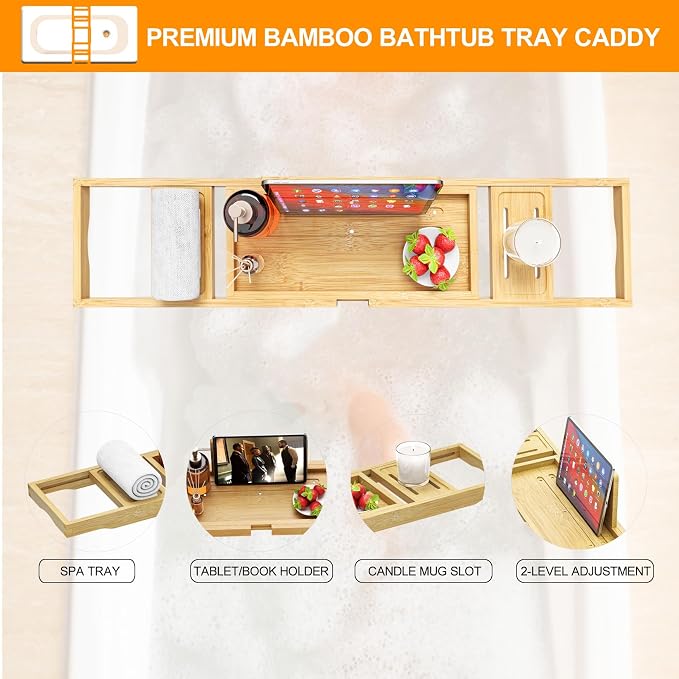 Premium Bathtub Tray - Expandable Bamboo Wooden Bath Trays for Bathub - Bath Tub Table Tray for Bathtub/Tub,Adjustable Size, Fits Most Tubs