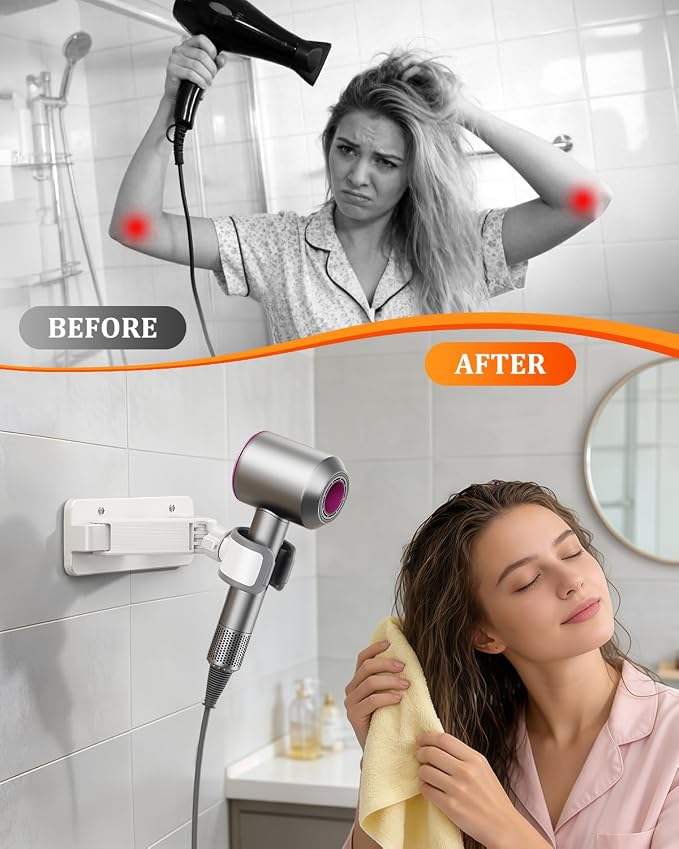 Sliding Hair Dryer Holder Stand Wall Mounted, Angle-Adjustable Blow Dryer Stand with Adhesive & Screw Mounting, Hair Dryer Stand Hands Free for Vanity, Bathroom, Salon (Sliding Type)