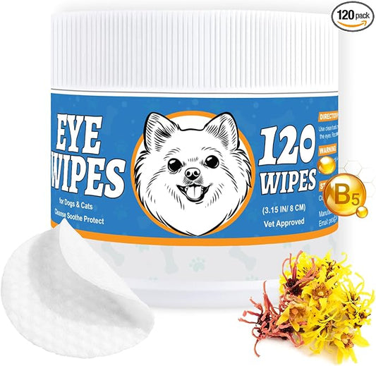 Pet Eye Wipes for Dogs & Cats – Extra-Large Textured Pads Remove Discharge, Crust & Tear Stains – Hypoallergenic Cleaner for Eyes, Wrinkles & Face – Soothing Witch Hazel & Chamomile Formula – 120ct
