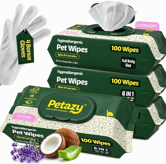 Petazy Pet Wipes for Dogs and Cats – 400 Count (8x8in) Hypoallergenic, Deodorizing Dog Wipes for Paws, Ears and Butt | XL with Aloe & Coconut Oil, Lavender Scented | Includes 4 Grooming Glove Wipes