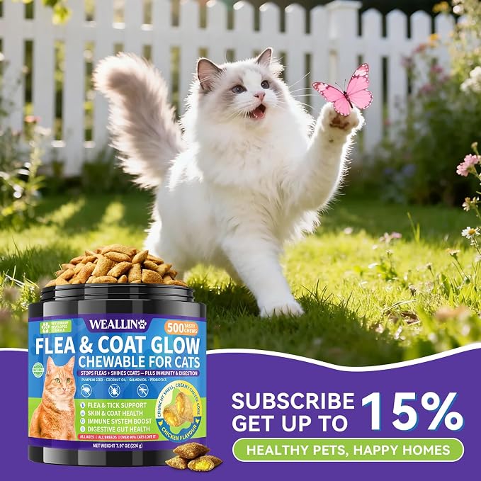 Flea and Tick Prevention for Cats - 500 Crunchy & Creamy Chews, Cat Flea Treatment with Skin & Coat Support, Oral Natural Flea Chewables for Gut & Immunity Support for All Breeds & Ages Chicken Flavor