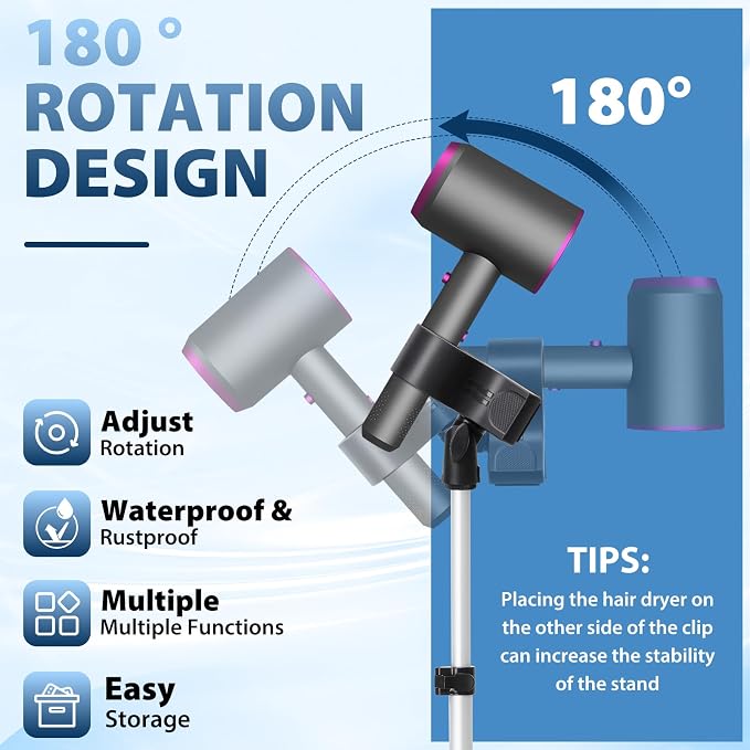 Hair Dryer Stand, 29-59 Inch Adjustable Hair Dryer Holder, 360 Degree Rotating Lazy Hair Dryer Stand Hand Free for Bathroom, Vanity, Makeup Room, matte black