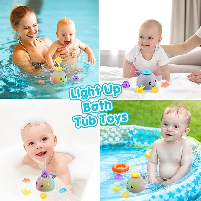 Gigilli Light Up Whale Bath Toy Sprinkler, 4 Modes Play for Kids Ages 1-3 | Baby Bath Toys with 4 Modes Bathtub Toy 1 Year Old Boys Girls Pool Water Toys for Babies 6-12-18 Months Toddler Birthday Gift