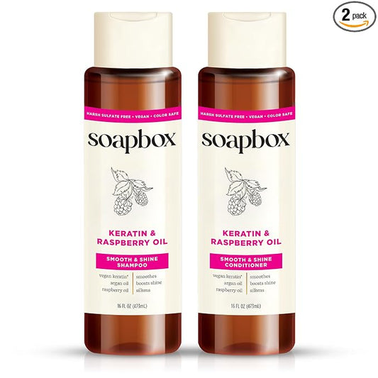 Soapbox Keratin & Raspberry Seed Oil Shampoo & Conditioner Set, Leaves Hair Shiny, Smooth & Glossy - Clean Ingredients Free of Harsh Chemicals, Sulfates, Parabens & Silicones - 16 oz Each